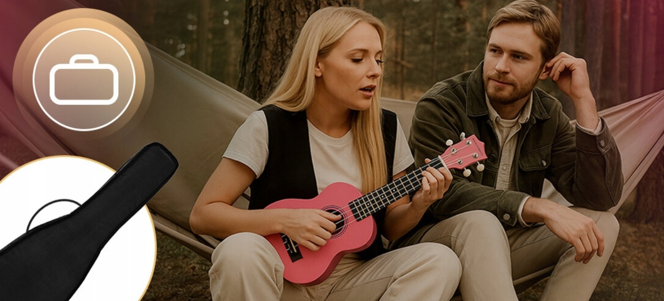 Mężczyzna i kobieta siedzą na hamaku, grając na różowej ukulele.