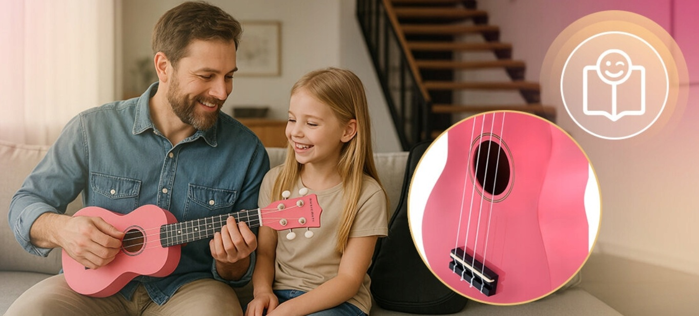 Mężczyzna i dziewczynka grają na ukulele na kanapie. Zbliżenie na różowe ukulele.