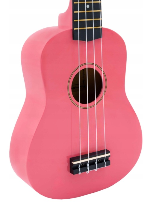 Różowa ukulele z czterema strunami, okrągłym otworem rezonansowym i czarną podstrunnicą.