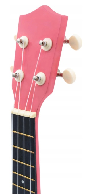 Różowa główka ukulele z kluczami i strunami na białym tle.