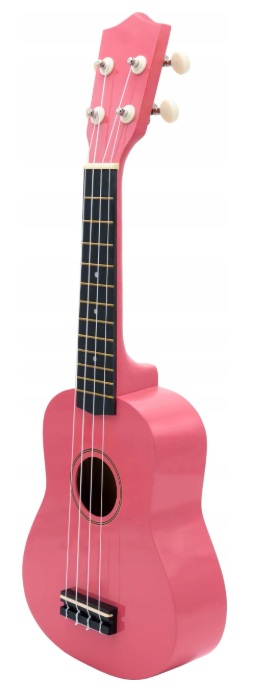 Różowa ukulele z czarnymi progami na podstrunnicy i czterema strunami.