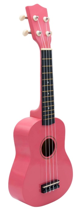 Żywy różowy ukulele stoi pionowo na tle białego tła, prezentując swoje błyszczące wykończenie i czarną podstrunnicę.