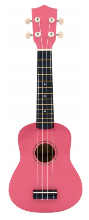 Różowa ukulele z czterema strunami, czarną podstrunnicą i białymi kluczami.