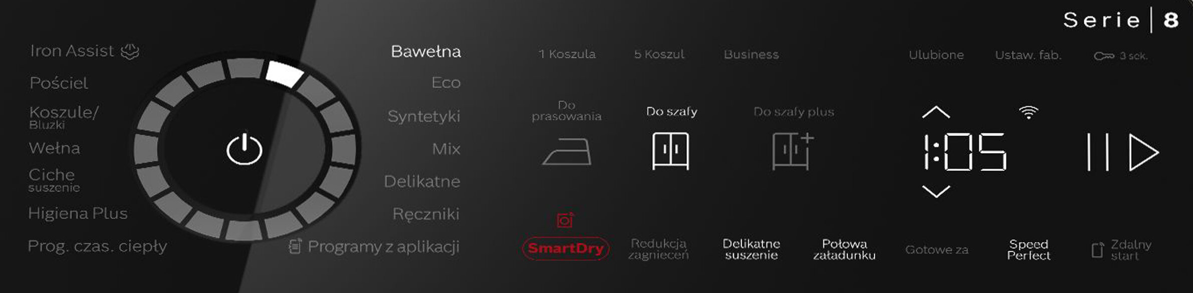 Wyświetlacz pralki z programami i czasem. Seria 8.