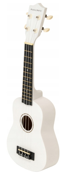 Biała ukulele z czarnymi strunami i kluczami stroikowymi. Nazwa marki jest widoczna.