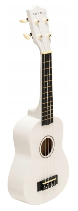 Biała ukulele z czarnymi progami i kremowymi kluczami, na białym tle.