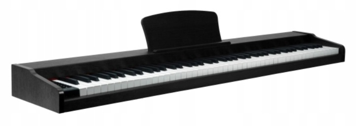 Czarny pianino cyfrowe z pulpitem na nuty na białym tle.
