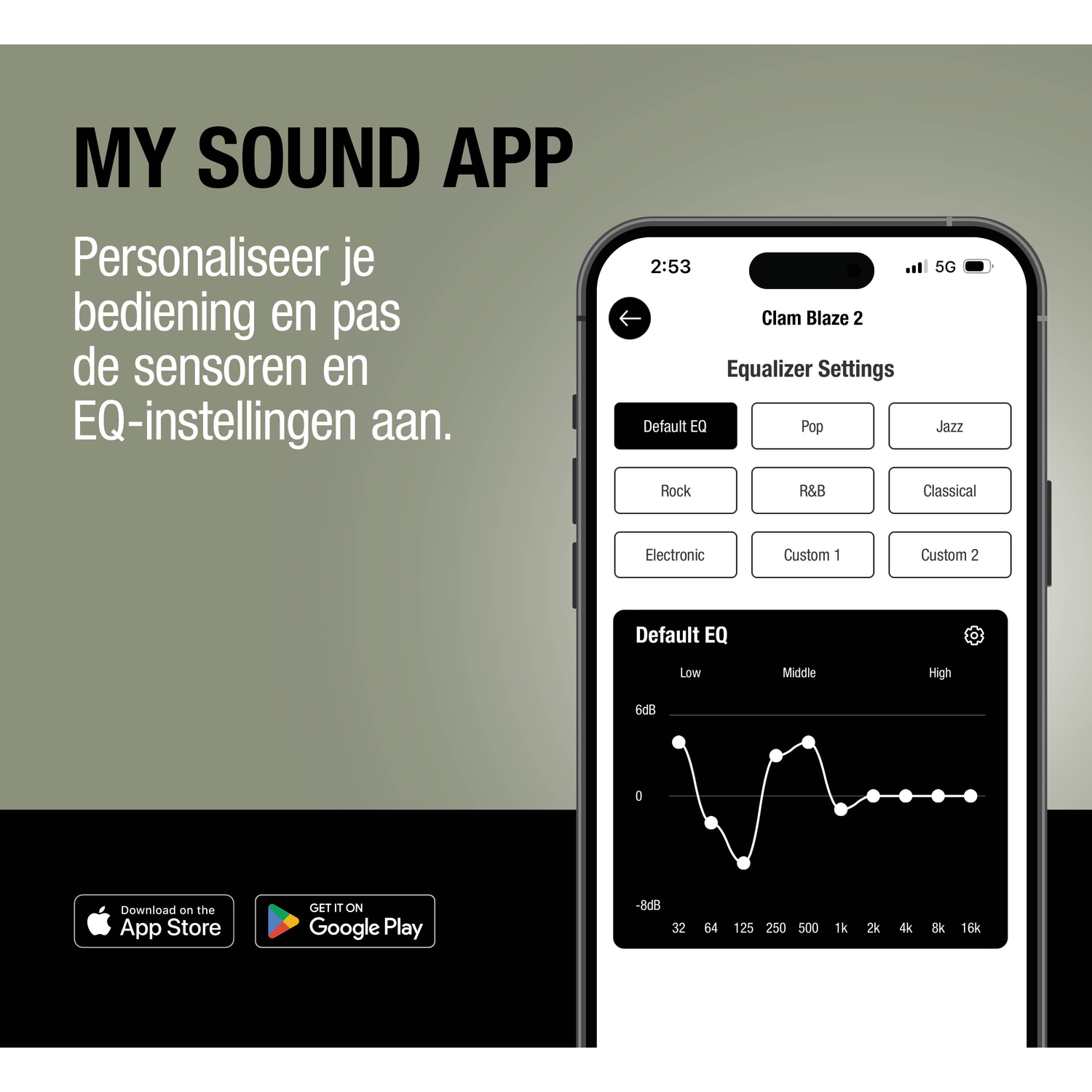 App screen showing EQ settings. Text on left, smartphone with EQ graph on right.