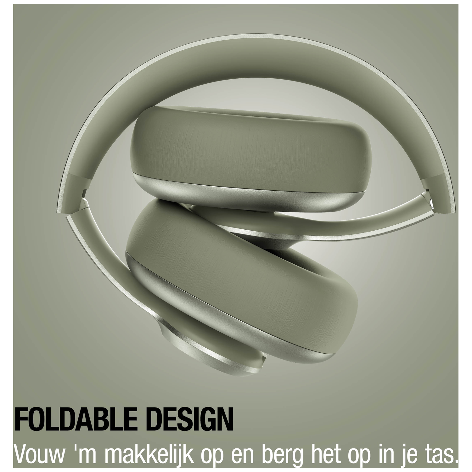 Gray foldable headphones against a gray background.