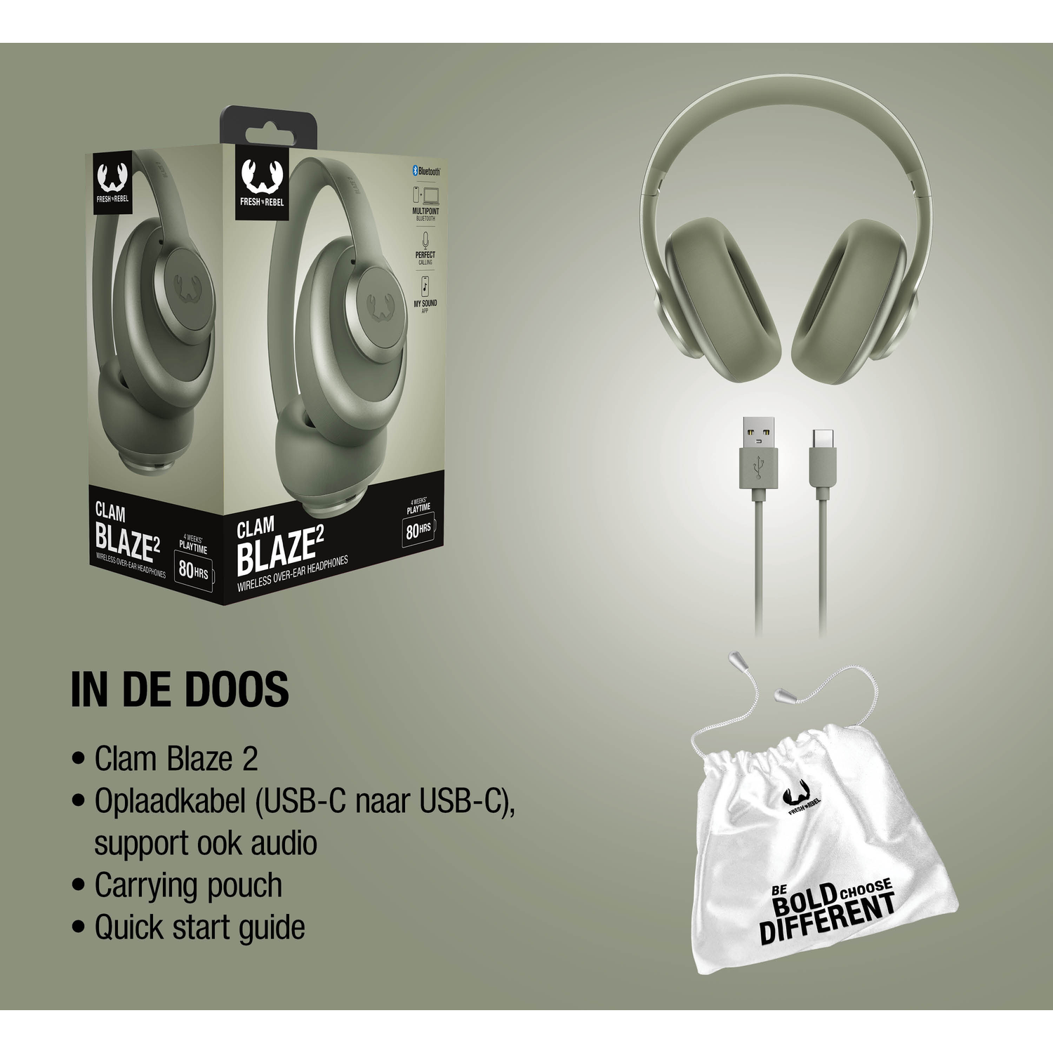 Green headphones with USB-C cable and pouch. Information on box.