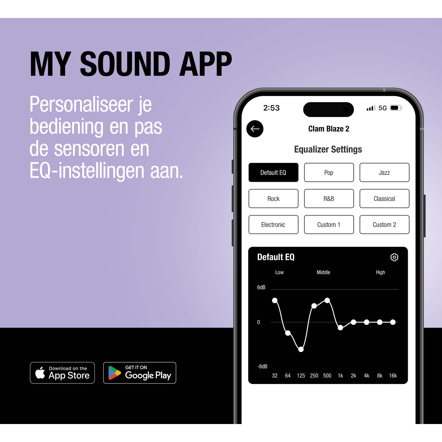 App screen showing Clam Blaze 2 equalizer settings and app download buttons.