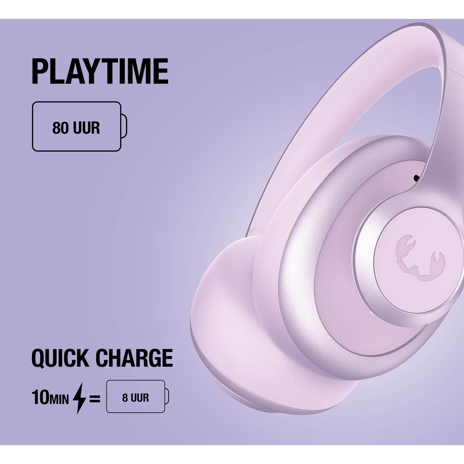 Purple headphones: 80 hrs playtime, 10 min charge = 8 hrs.