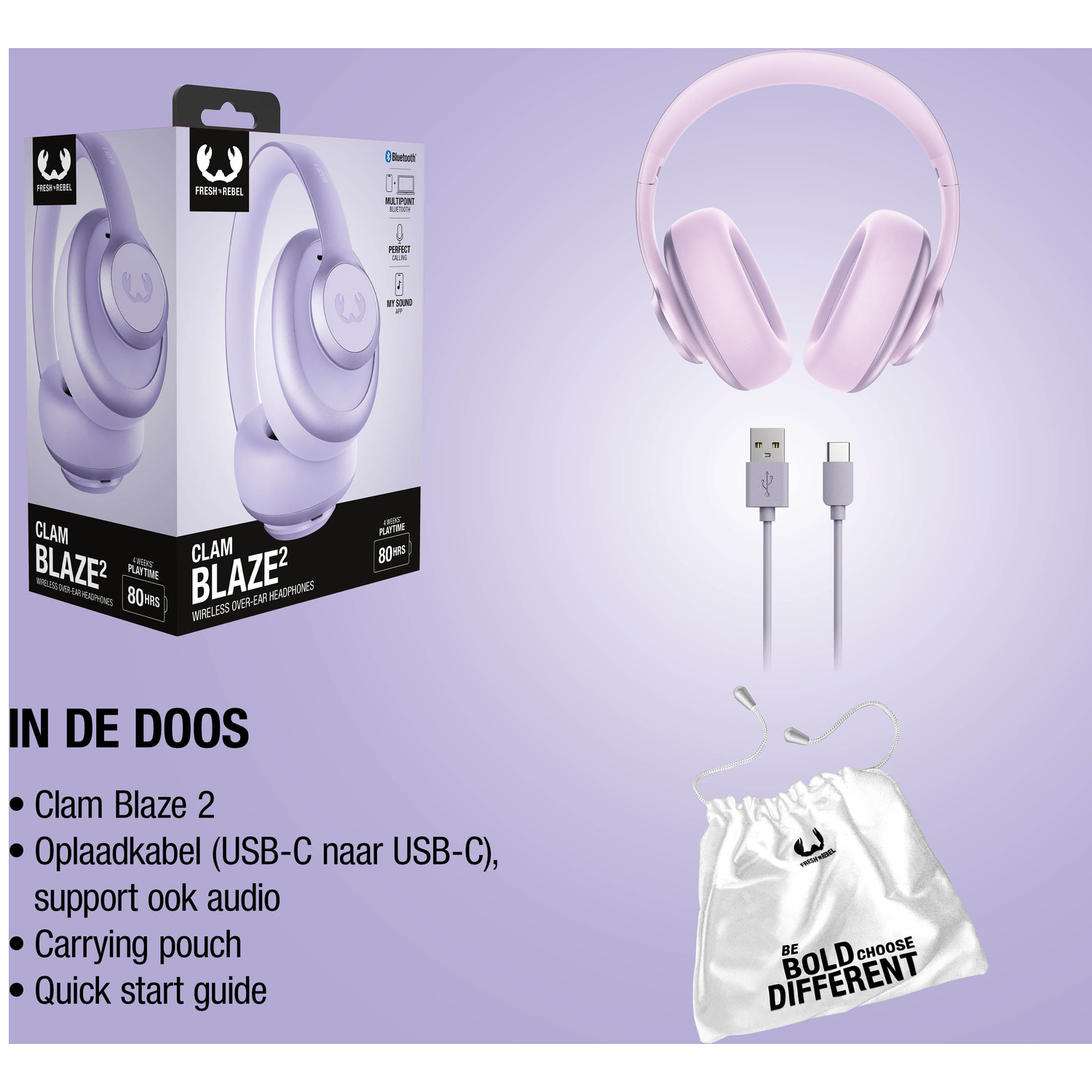 Purple headphones, charging cable, and pouch with text.