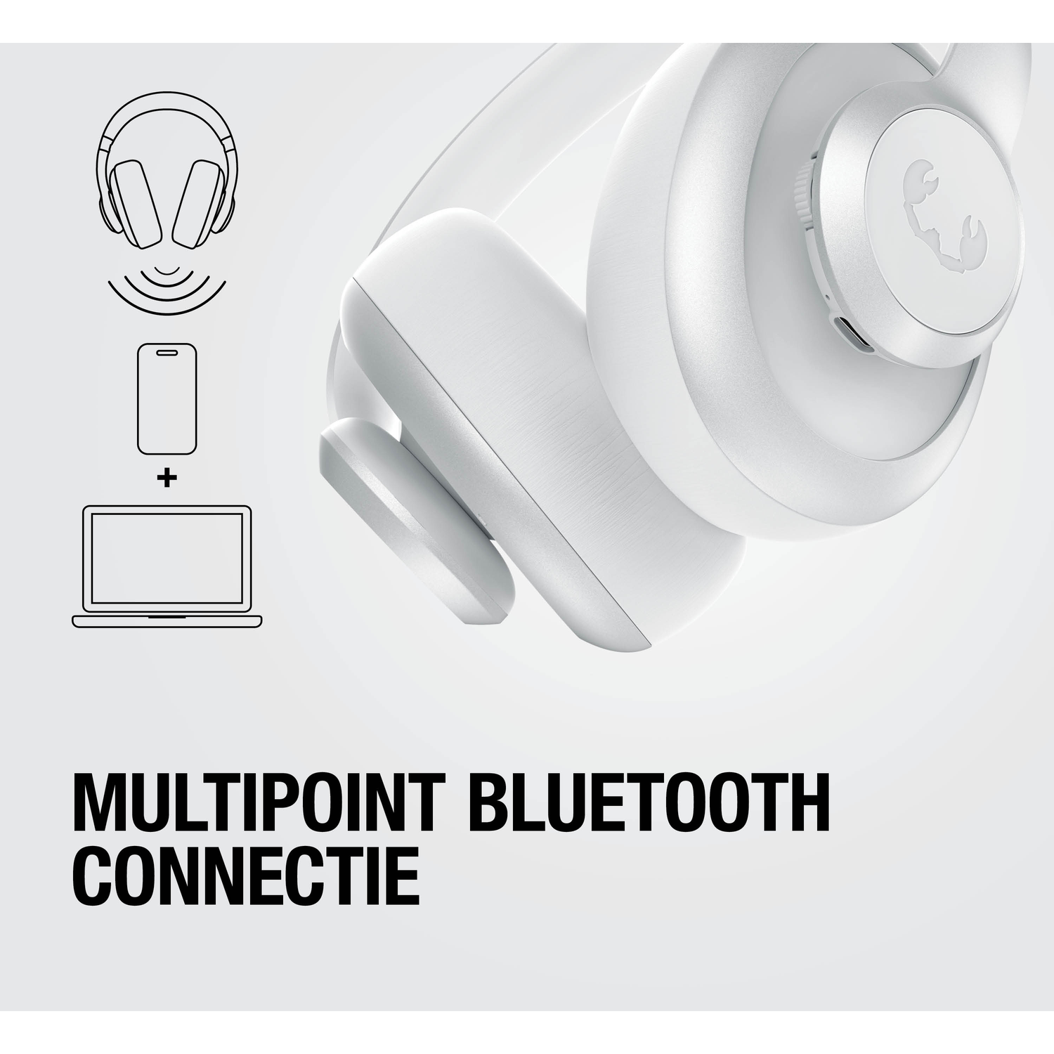 Witte koptelefoon met Bluetooth-iconen voor laptop en smartphone.