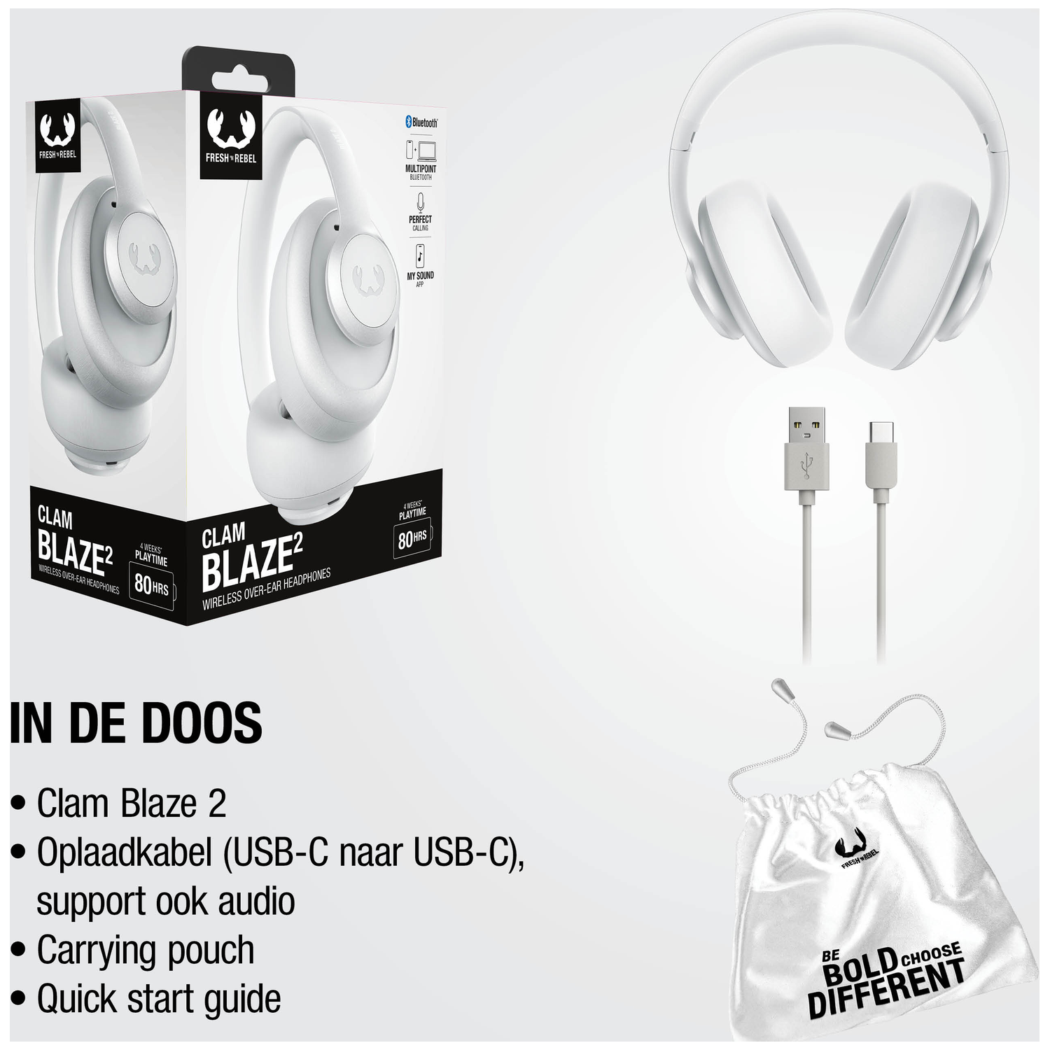 Witte Fresh Rebel Clam Blaze 2 koptelefoon met accessoires: USB-C kabel, tas.