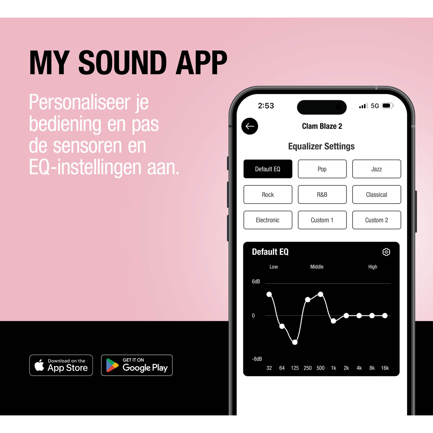 App-scherm met equalizerinstellingen en frequentiegrafiek.