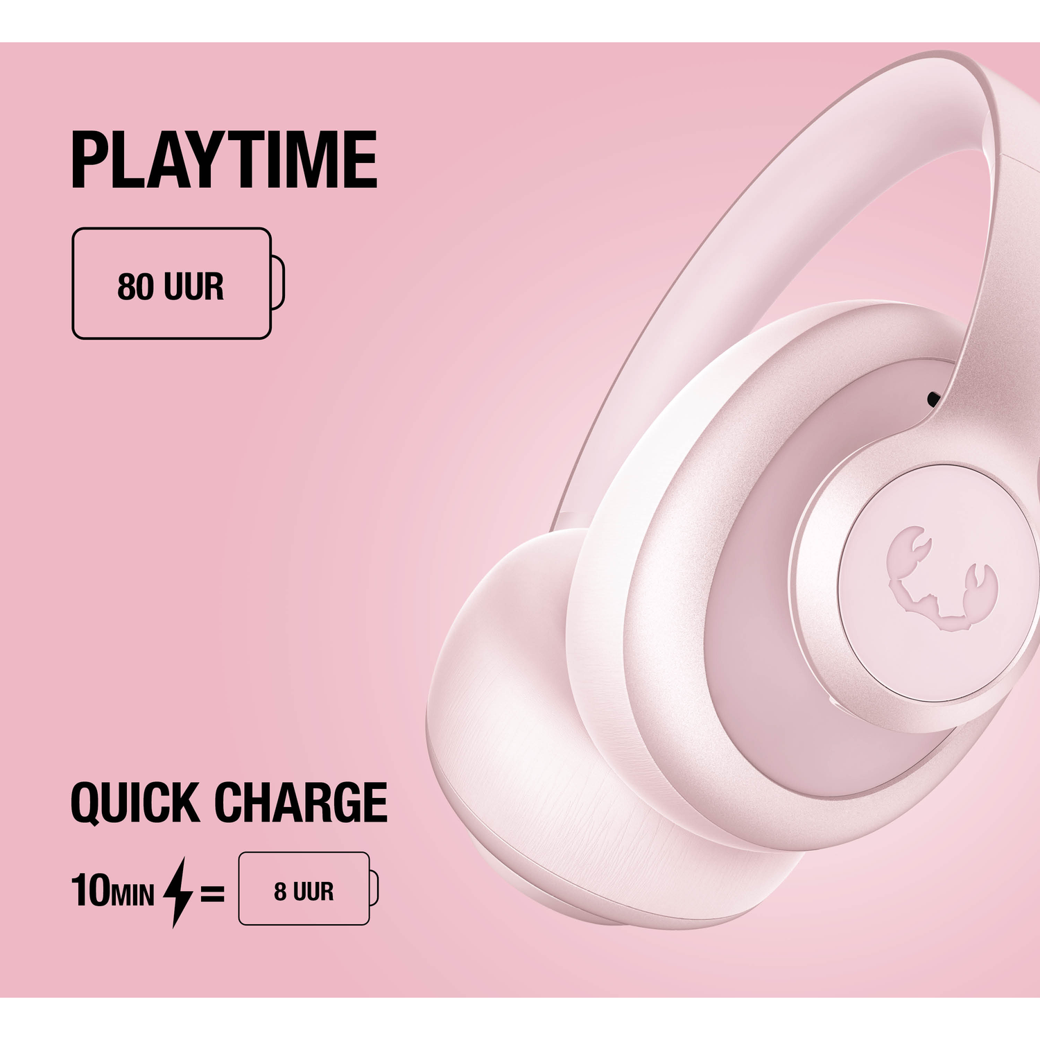 Roze koptelefoon: 80 uur speeltijd, 10 min opladen = 8 uur.