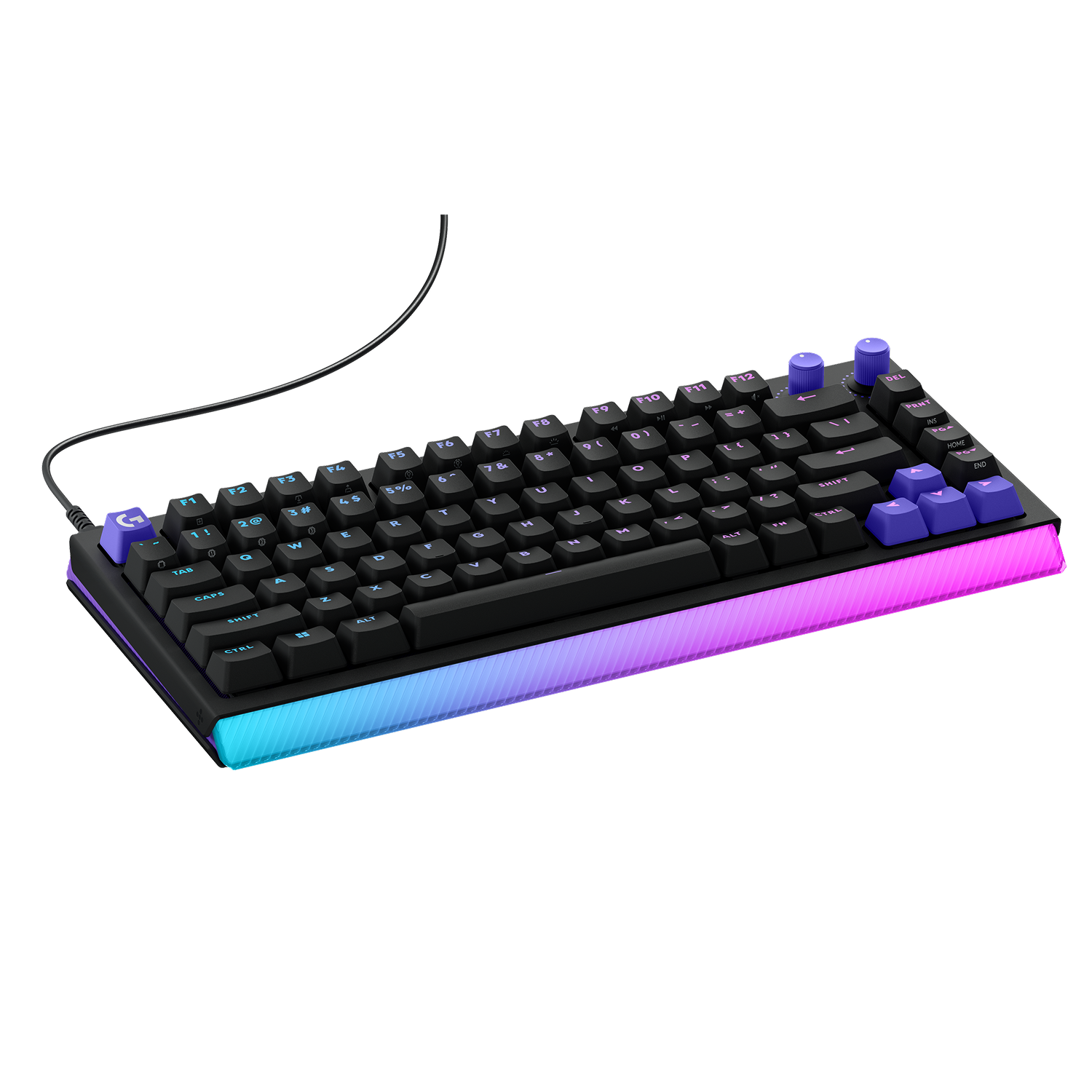 Teclado negro con detalles morados e iluminación RGB en el borde inferior.