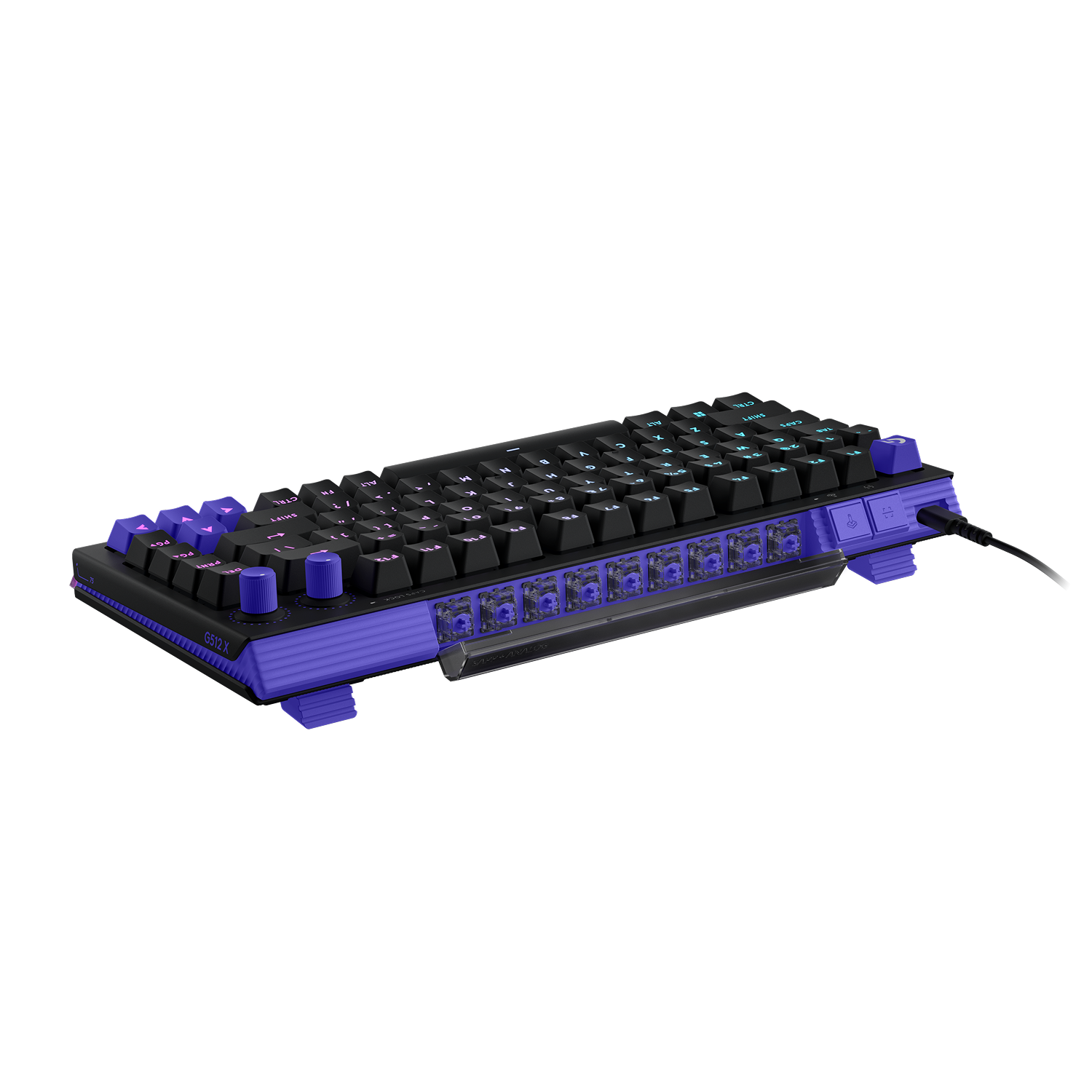 Un teclado gaming negro con acentos morados, teclas iluminadas y un cable.