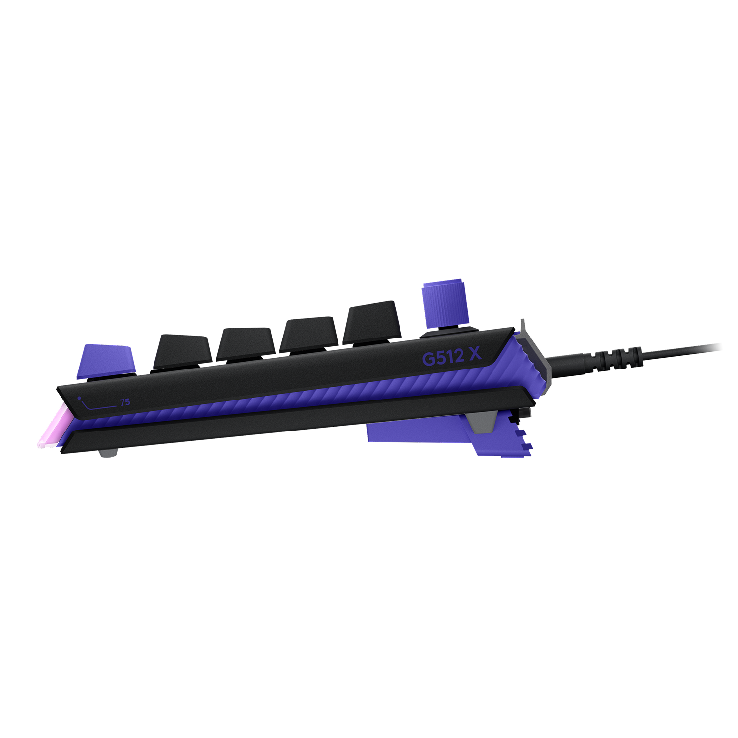 Teclado negro con detalles morados y teclas iluminadas.