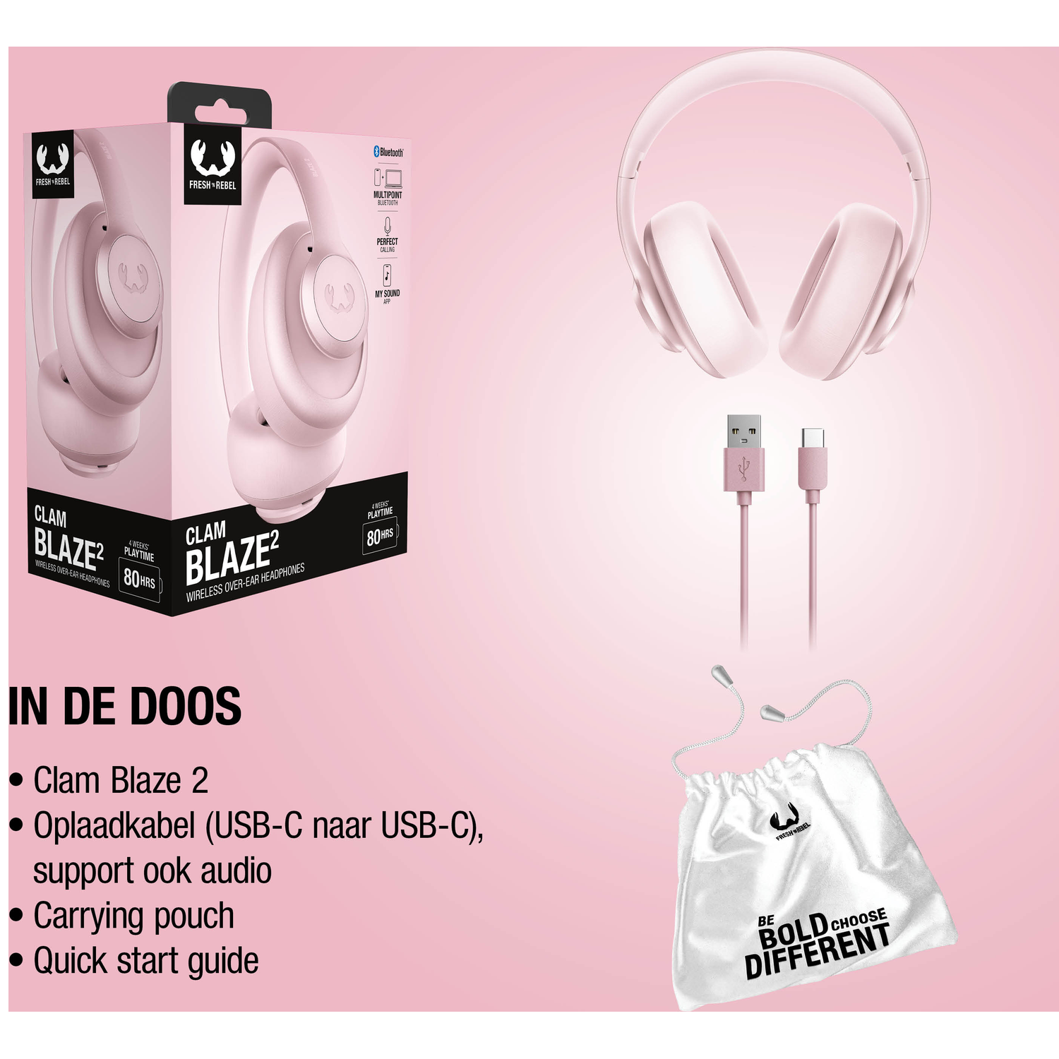 Roze koptelefoon, USB-C kabel en buidel met tekst.