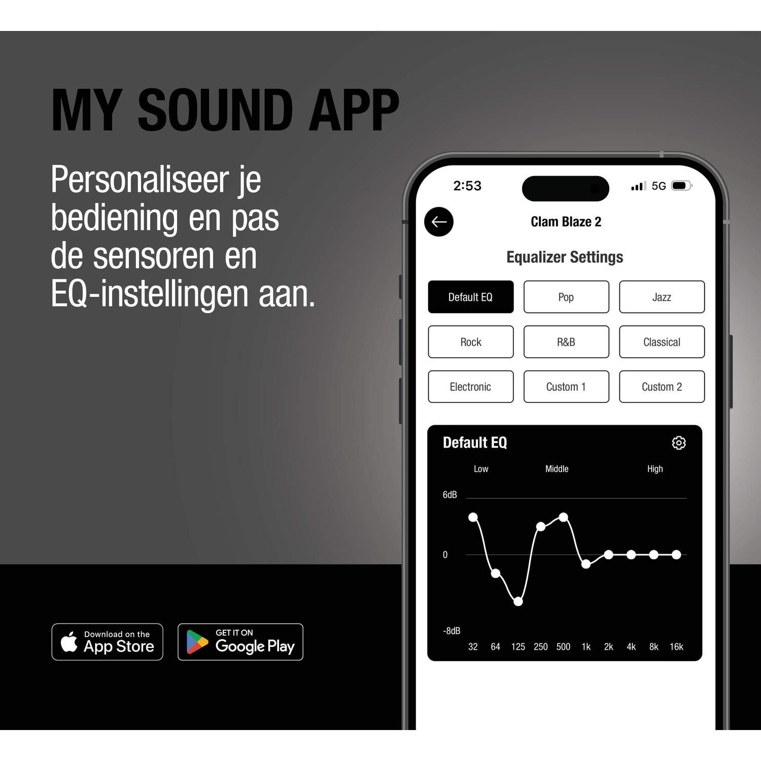 App startscherm met equalizerinstellingen voor Clam Blaze 2.