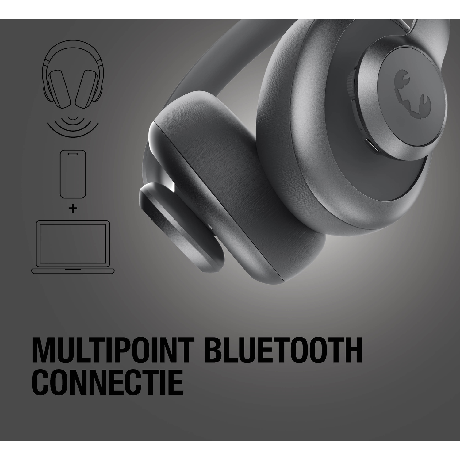 Zwarte koptelefoon met multipoint Bluetooth-verbindingspictogram.