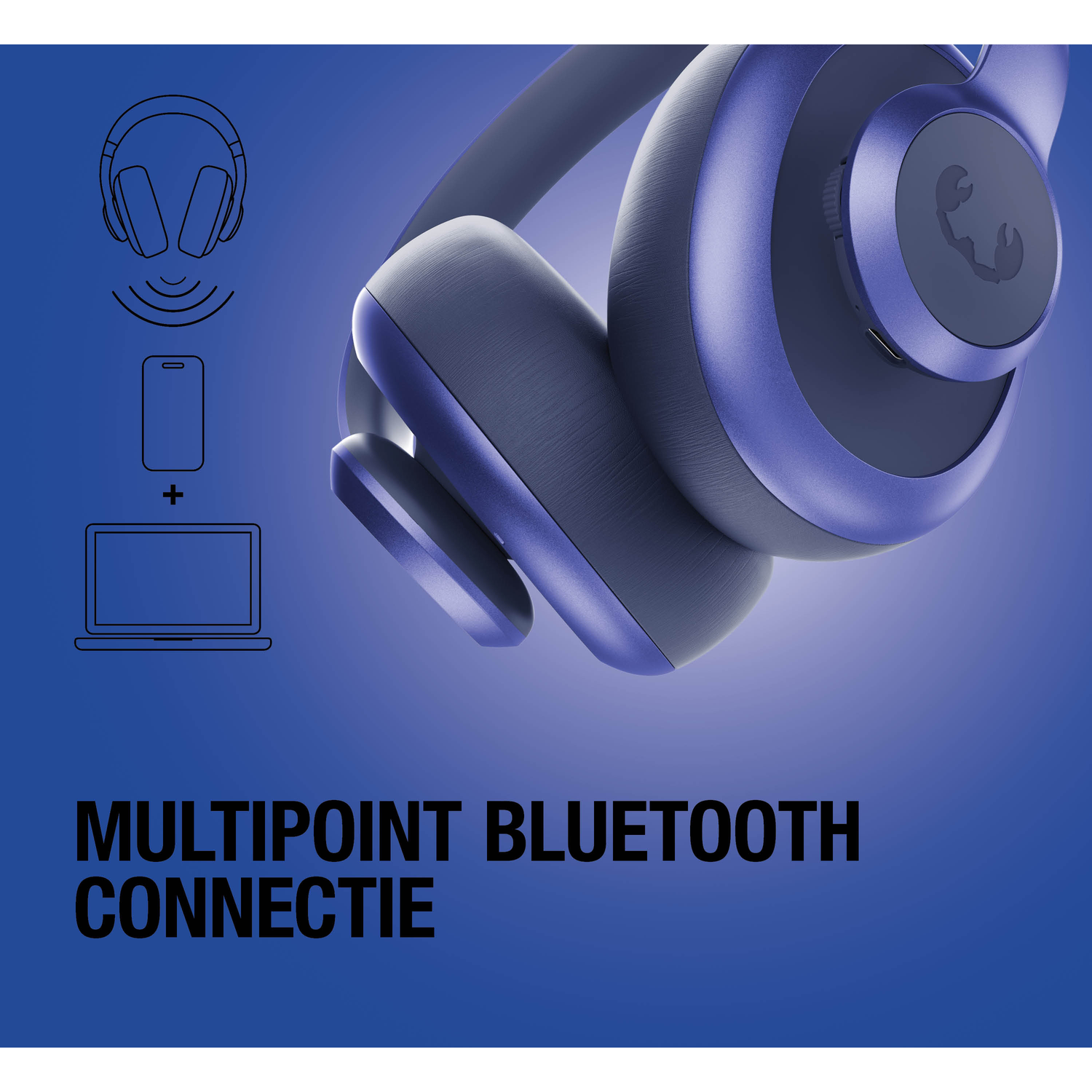 Purple headphones with Bluetooth icons, smartphone, and laptop.