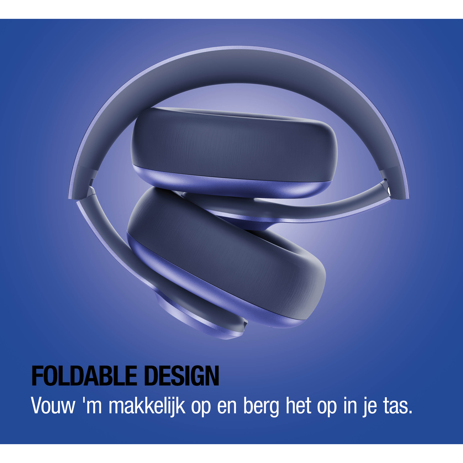 Dark blue foldable headphones on a blue background.