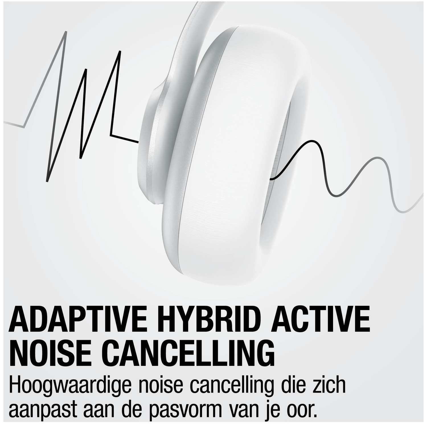 Casque blanc avec réduction de bruit adaptative et graphiques d'ondes.