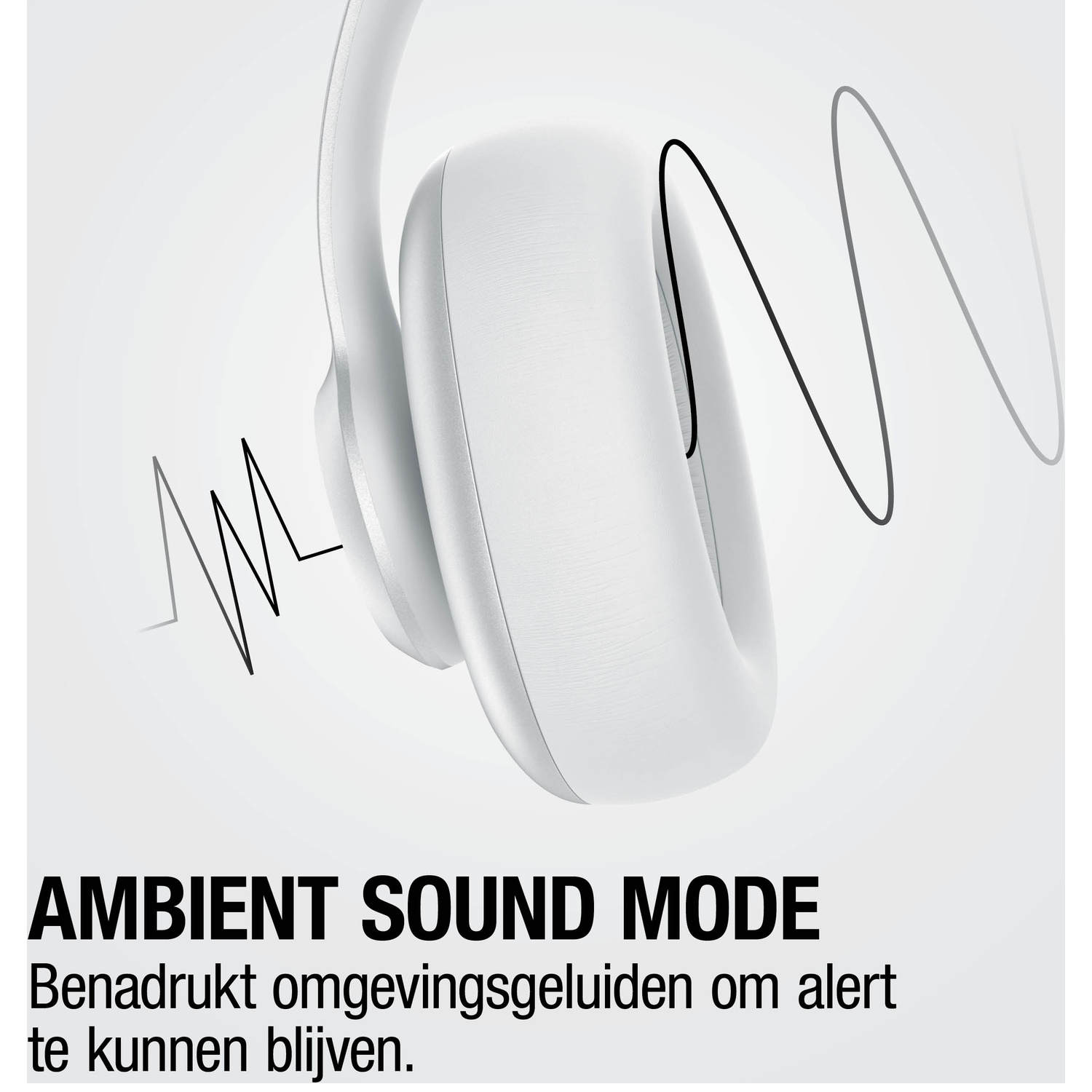 Casque blanc avec des lignes ondulées représentant des ondes sonores.
