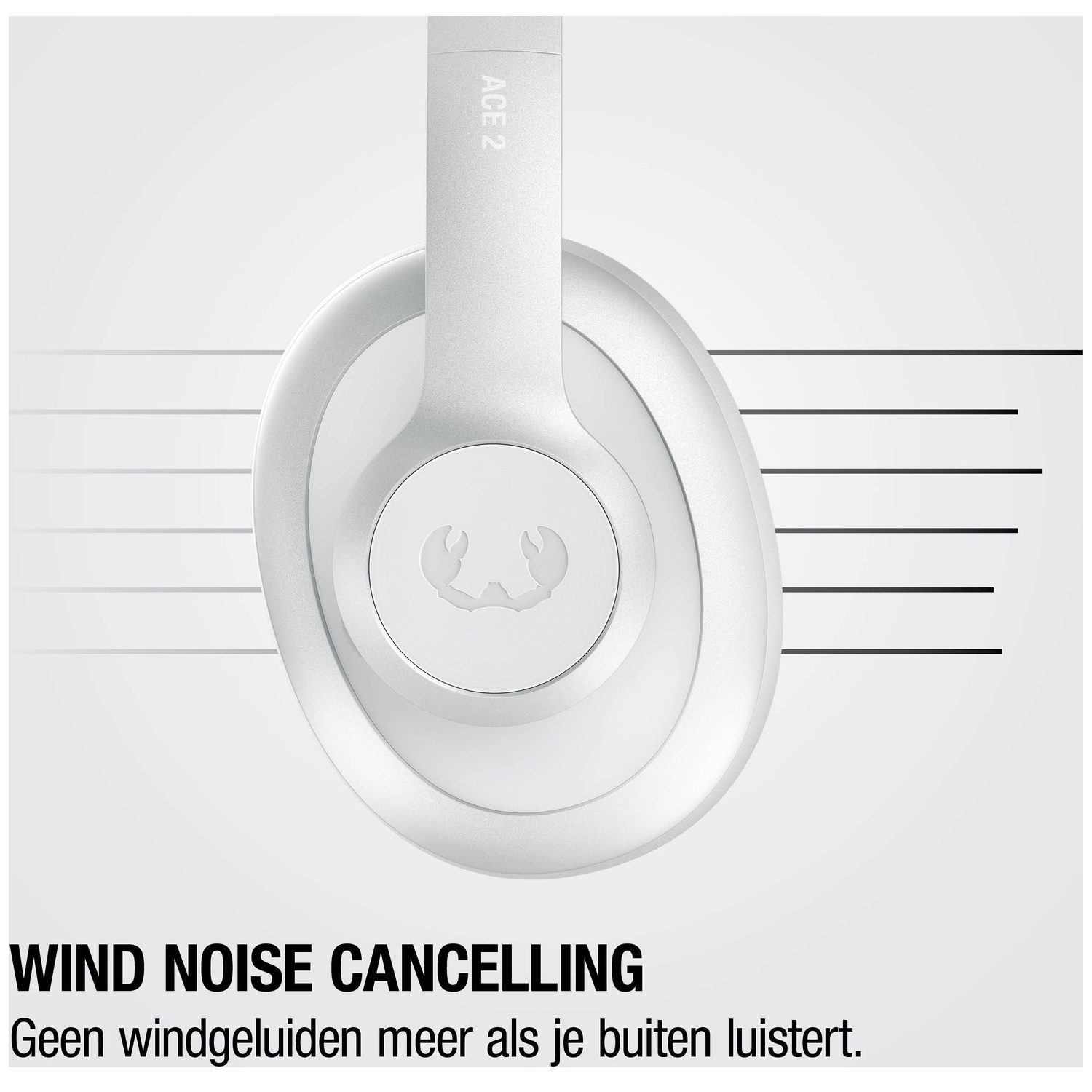 Casque blanc avec texte ACE 2 et réduction du bruit du vent.