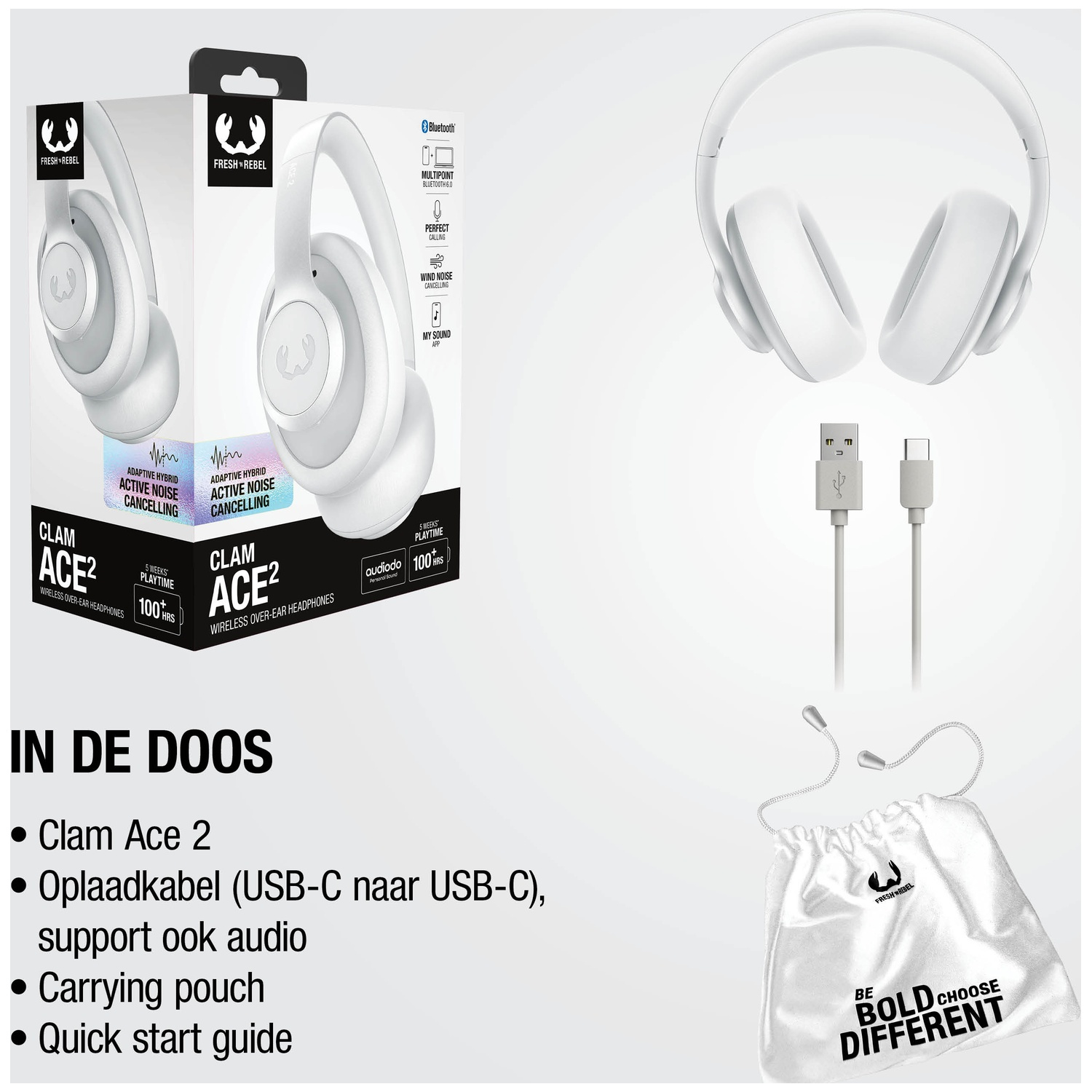 Casque blanc Fresh Rebel Clam Ace 2 avec câble de chargement et pochette.