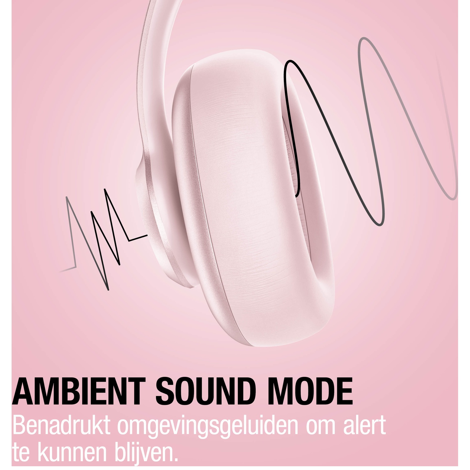 Casque rose avec graphique d'ondes sonores et texte.