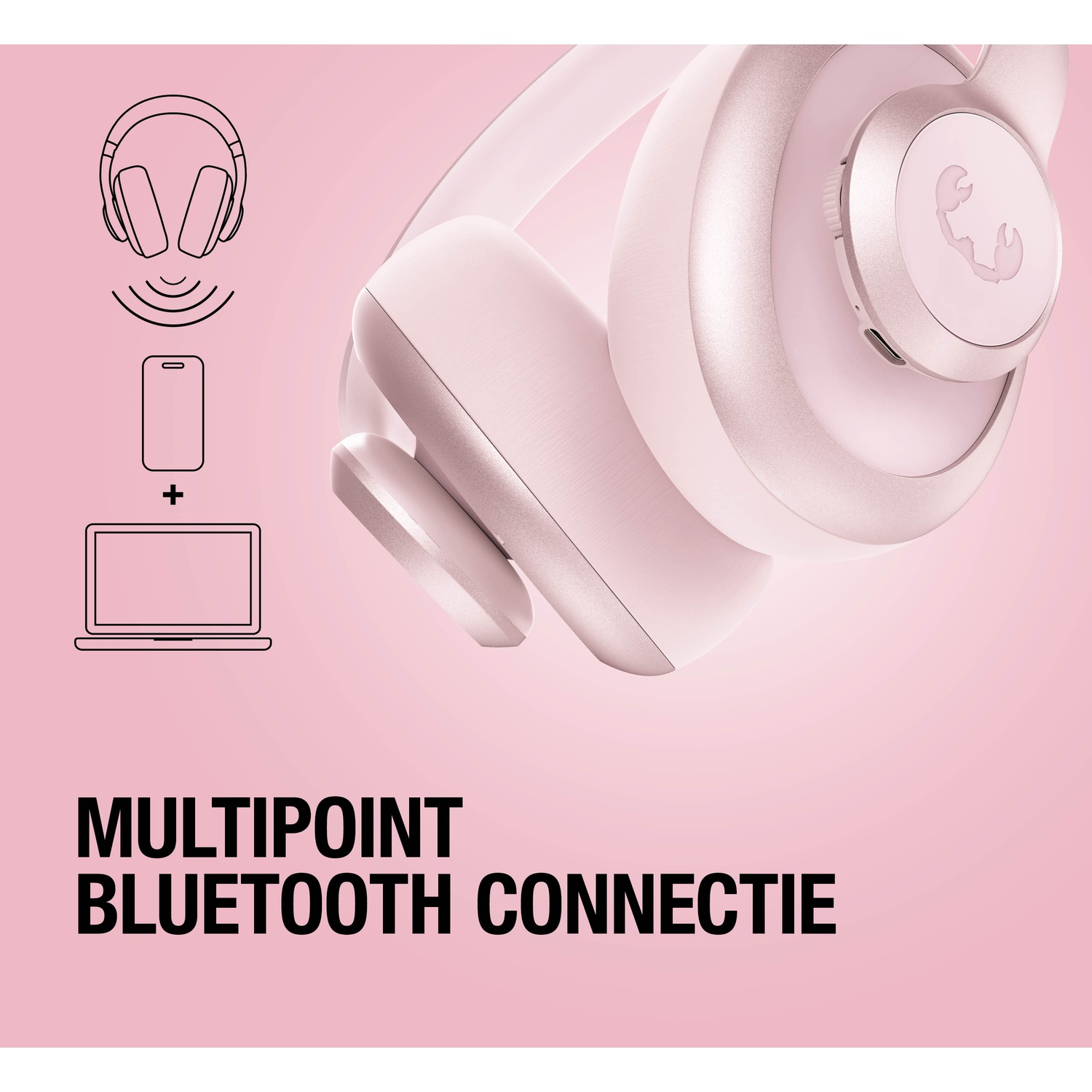 Casque rose avec icônes Bluetooth pour téléphone et ordinateur portable.