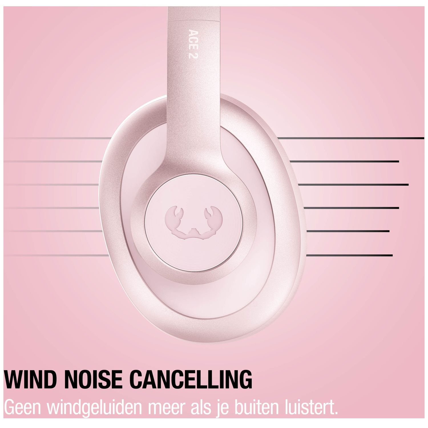 Détail d'un casque rose avec texte 'ACE 2' et réduction du bruit du vent.