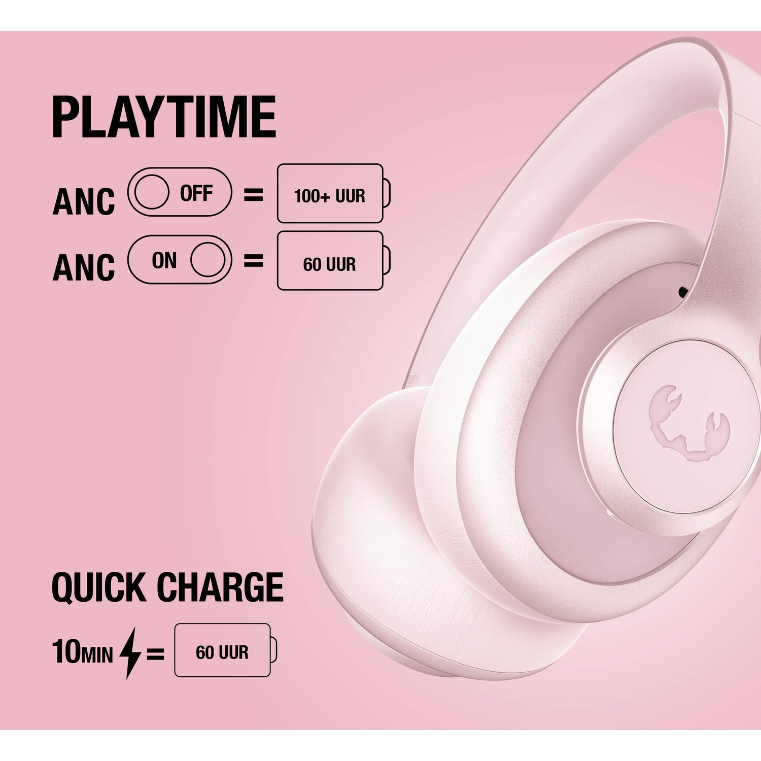 Casque : ANC désactivé 100+ h, ANC activé 60 h. 10 min charge = 60 h.