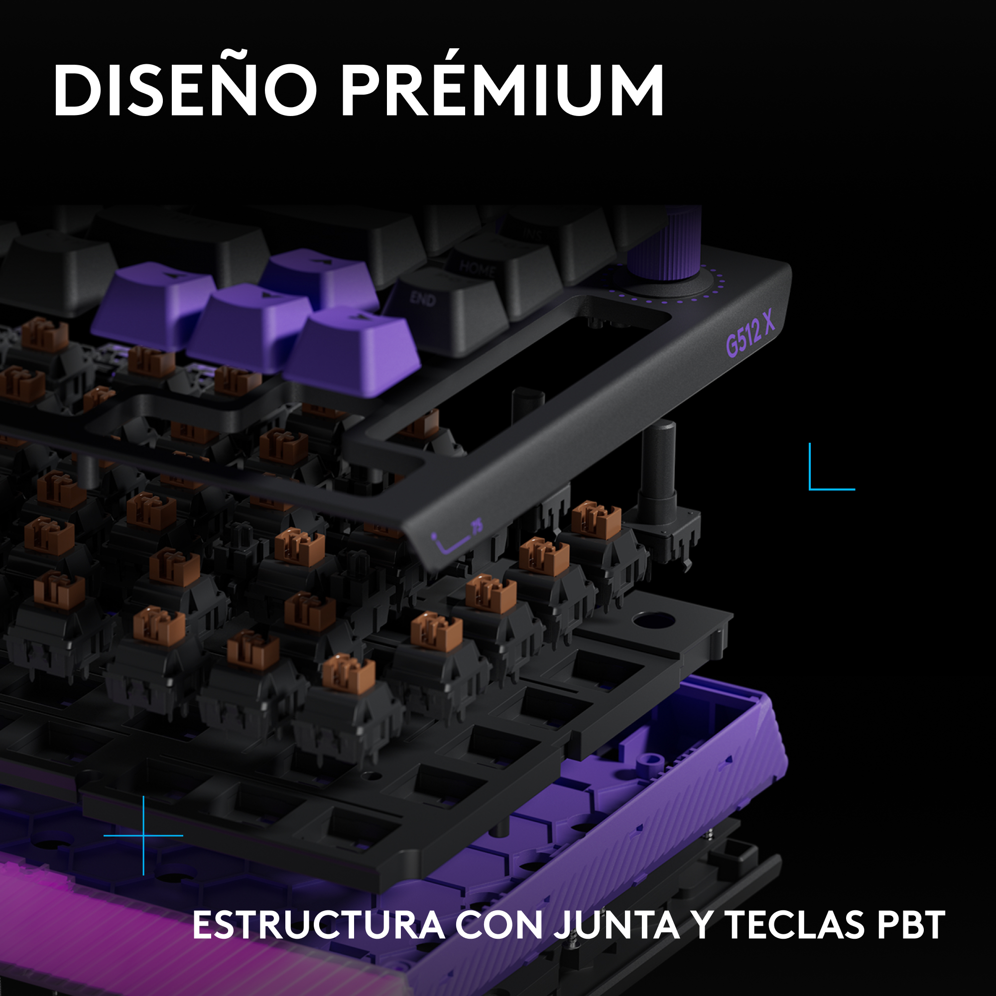 Vista explosionada de un teclado con teclas moradas e interruptores marrones.