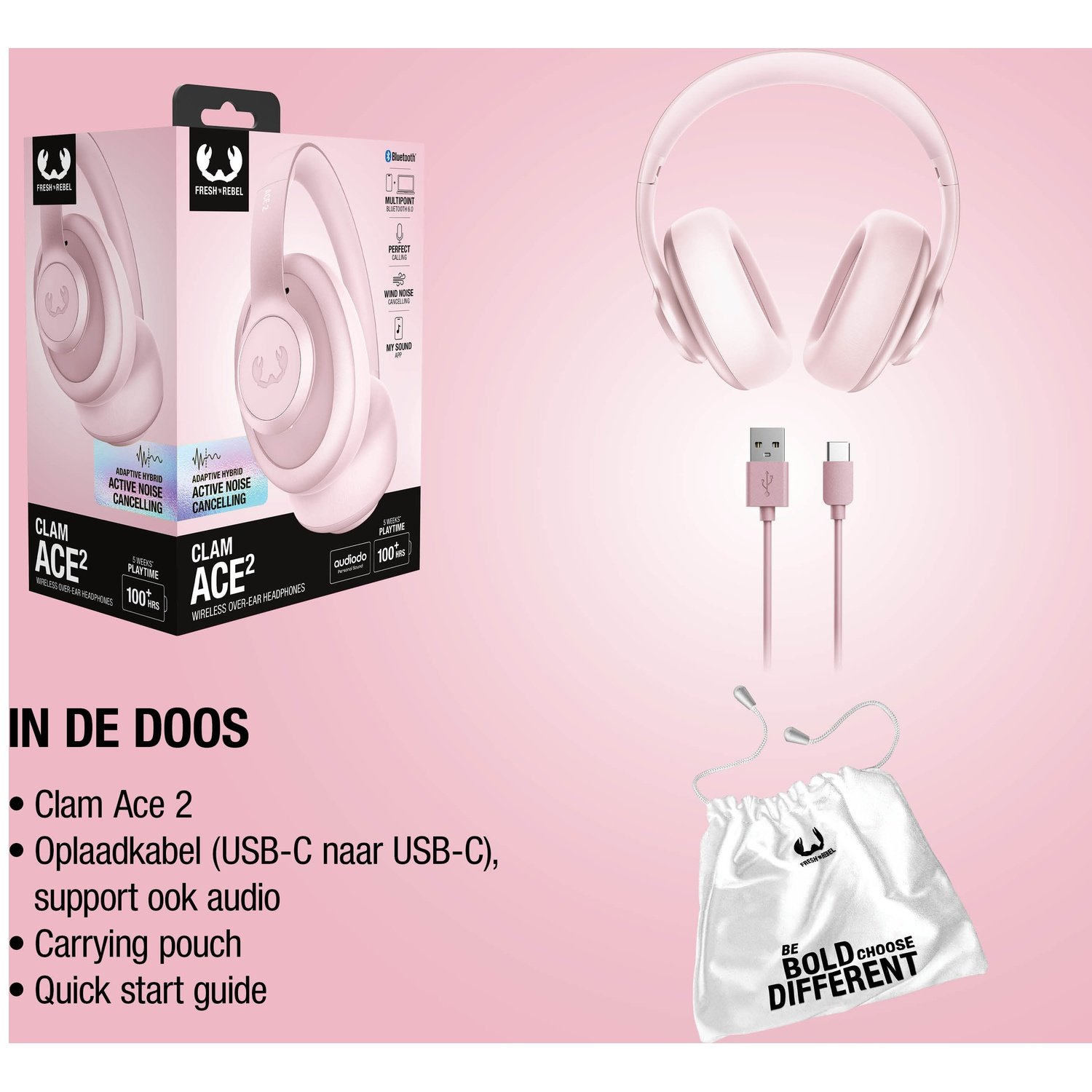 Une paire de écouteurs roses circum-auriculaires avec accessoires dont un câble et une pochette.