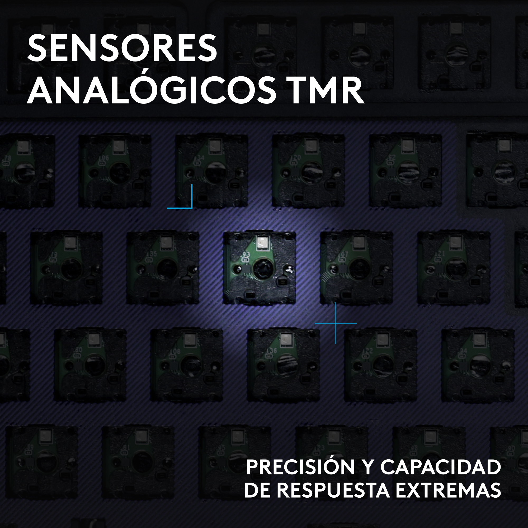 Primer plano de sensores analógicos TMR con marcas azules.