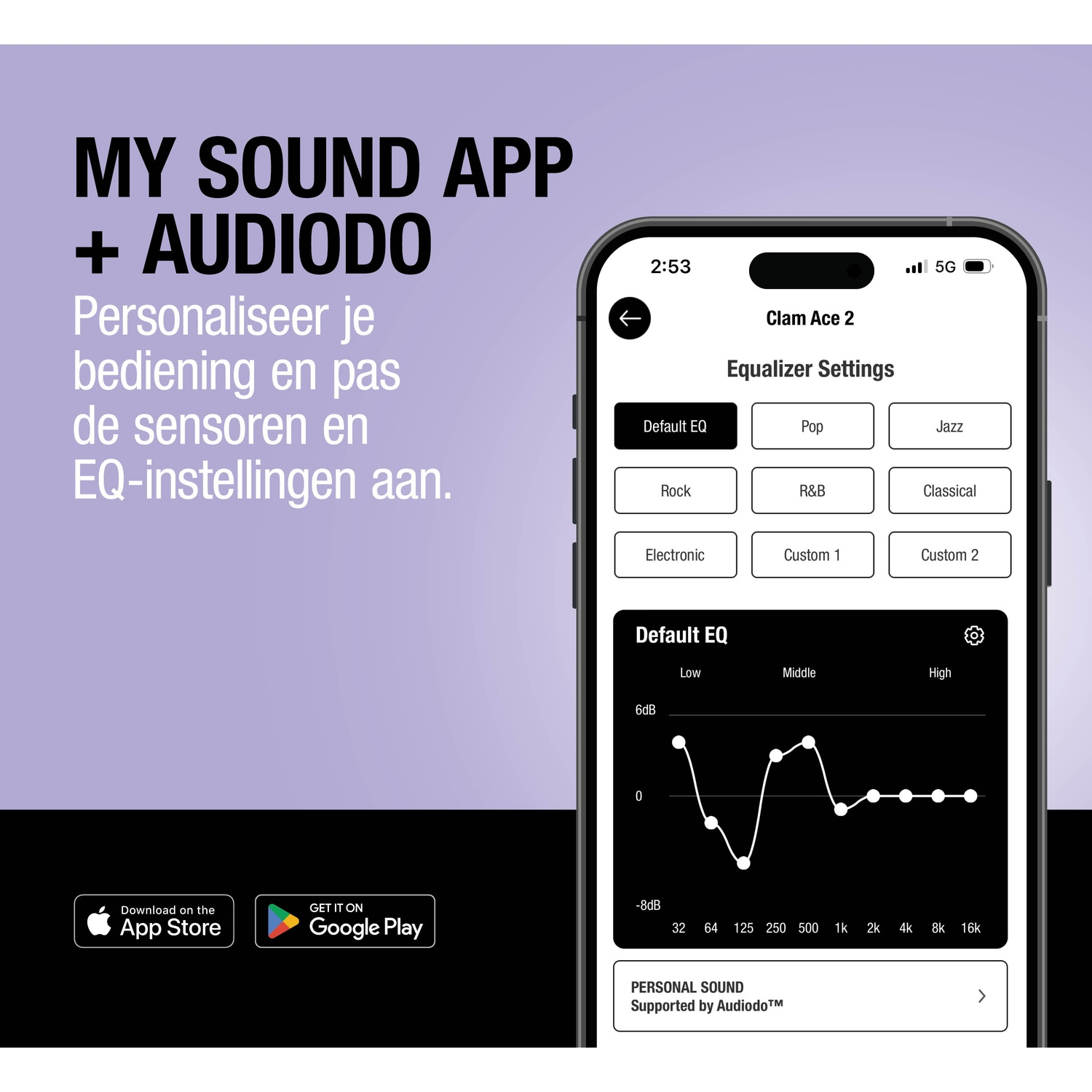 Écran d'application montrant les réglages de l'égaliseur et la courbe d'égalisation.