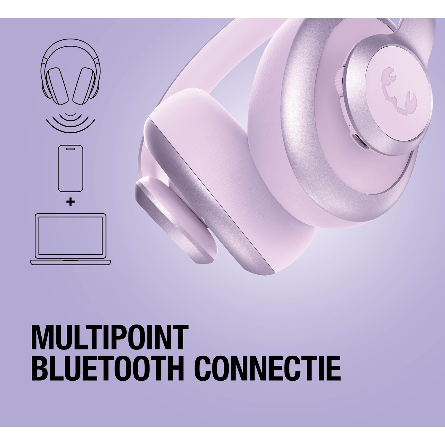 Casque violet se connectant à un smartphone et un ordinateur portable.
