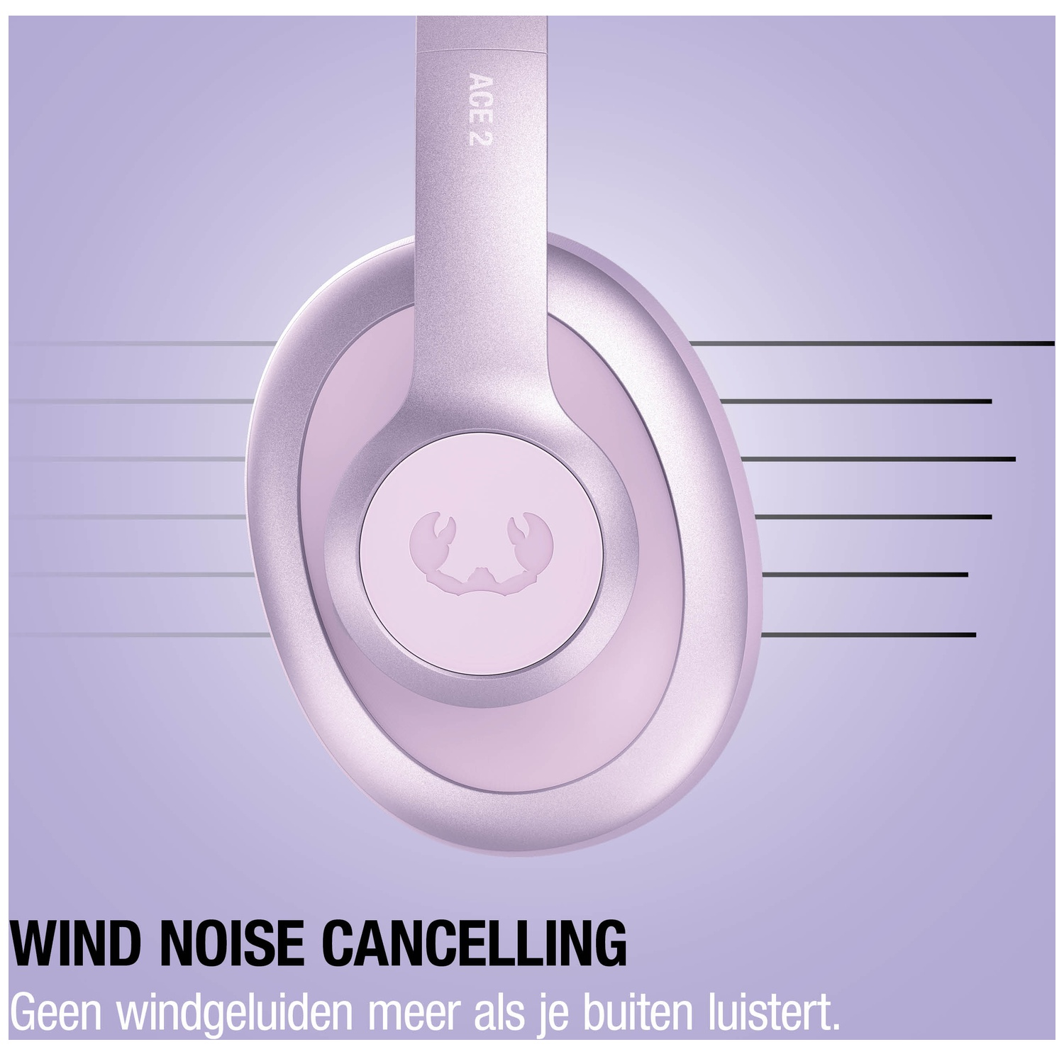 Un écouteur de casque rose avec logo ACE 2 et fonction anti-bruit de vent.