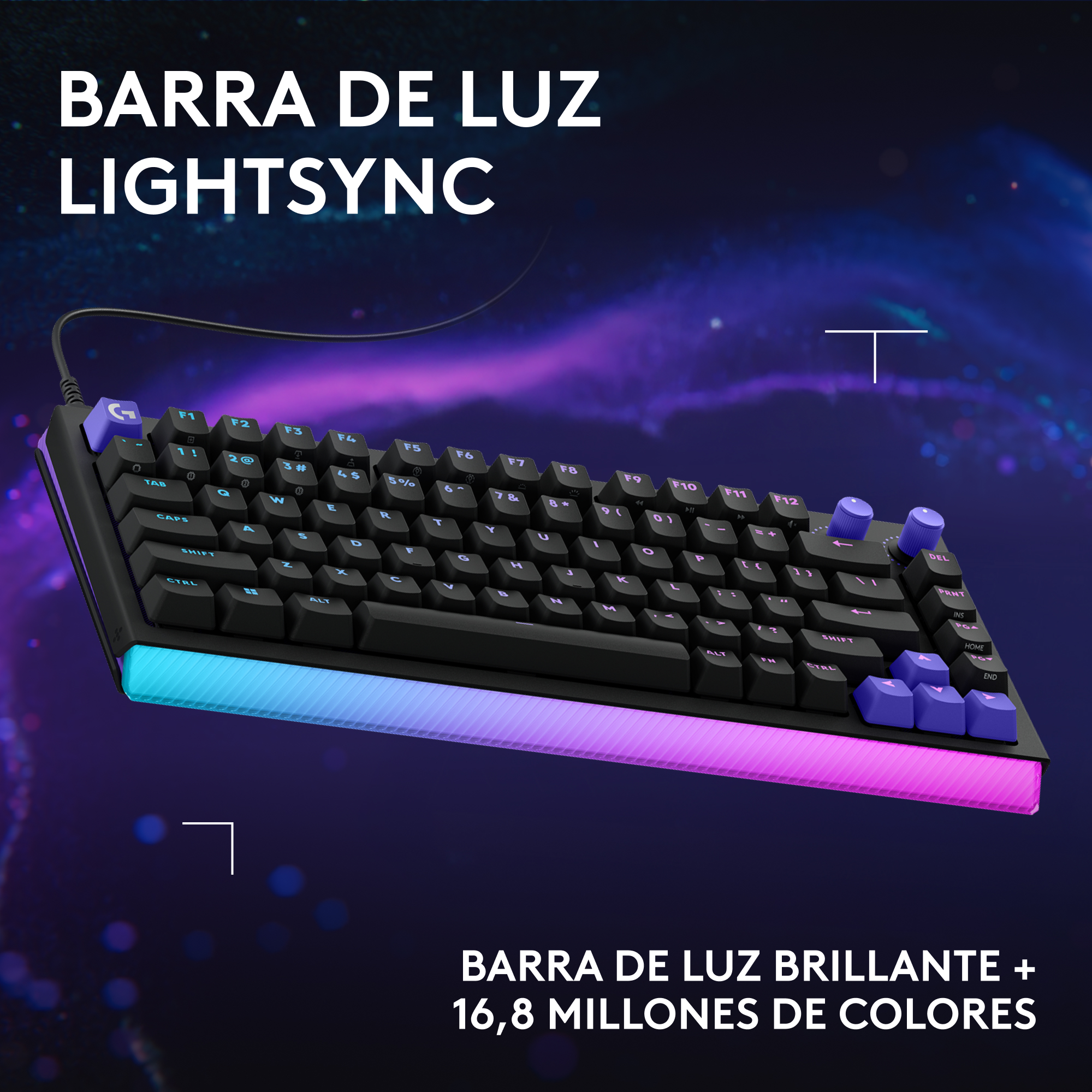 Un teclado negro con acentos morados e iluminación LED colorida.