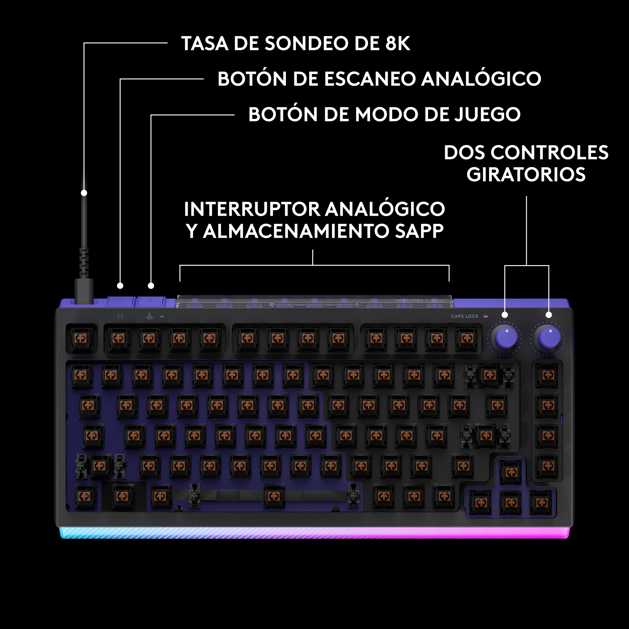 Un teclado negro con acentos morados, iluminación RGB y etiquetas.