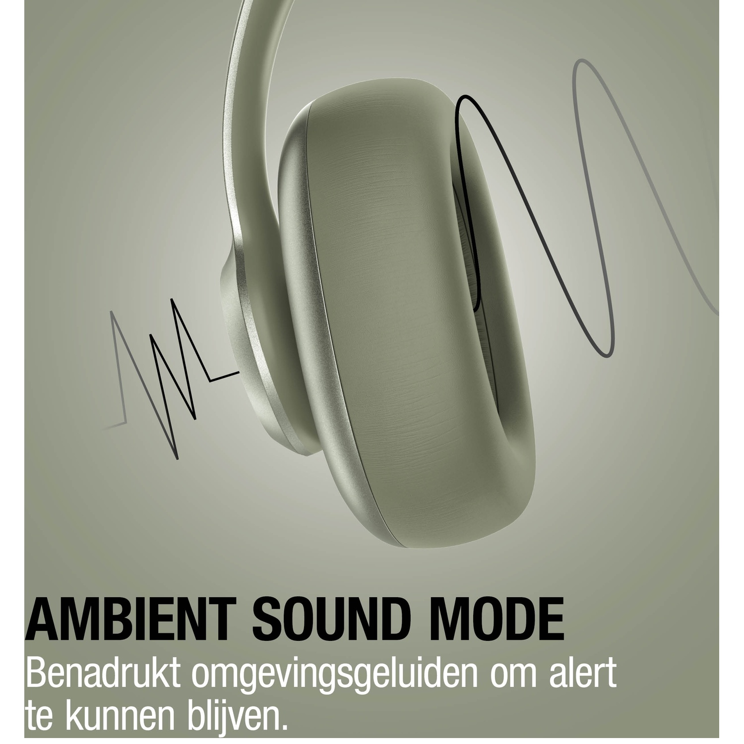 Casque gris avec graphiques d'ondes sonores. Texte : AMBIENT SOUND MODE.