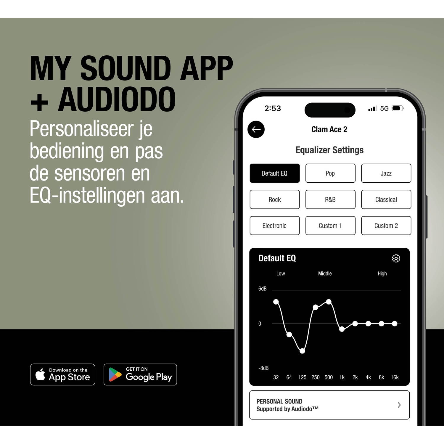 Écran d'application affichant les réglages de l'égaliseur et un graphique.