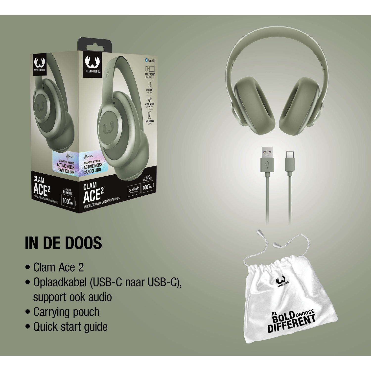 Casque vert avec câble de chargement et pochette. Boîte produit avec casque et accessoires.