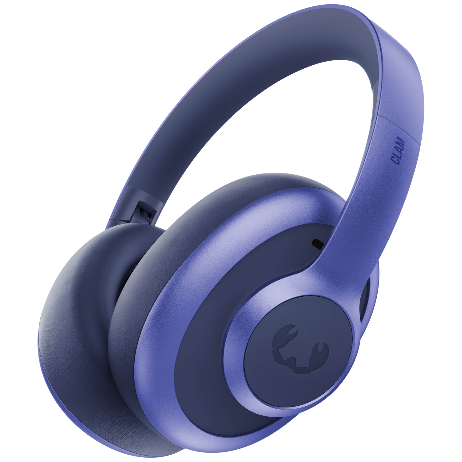 Casque violet sur fond noir, avec logo Clam.