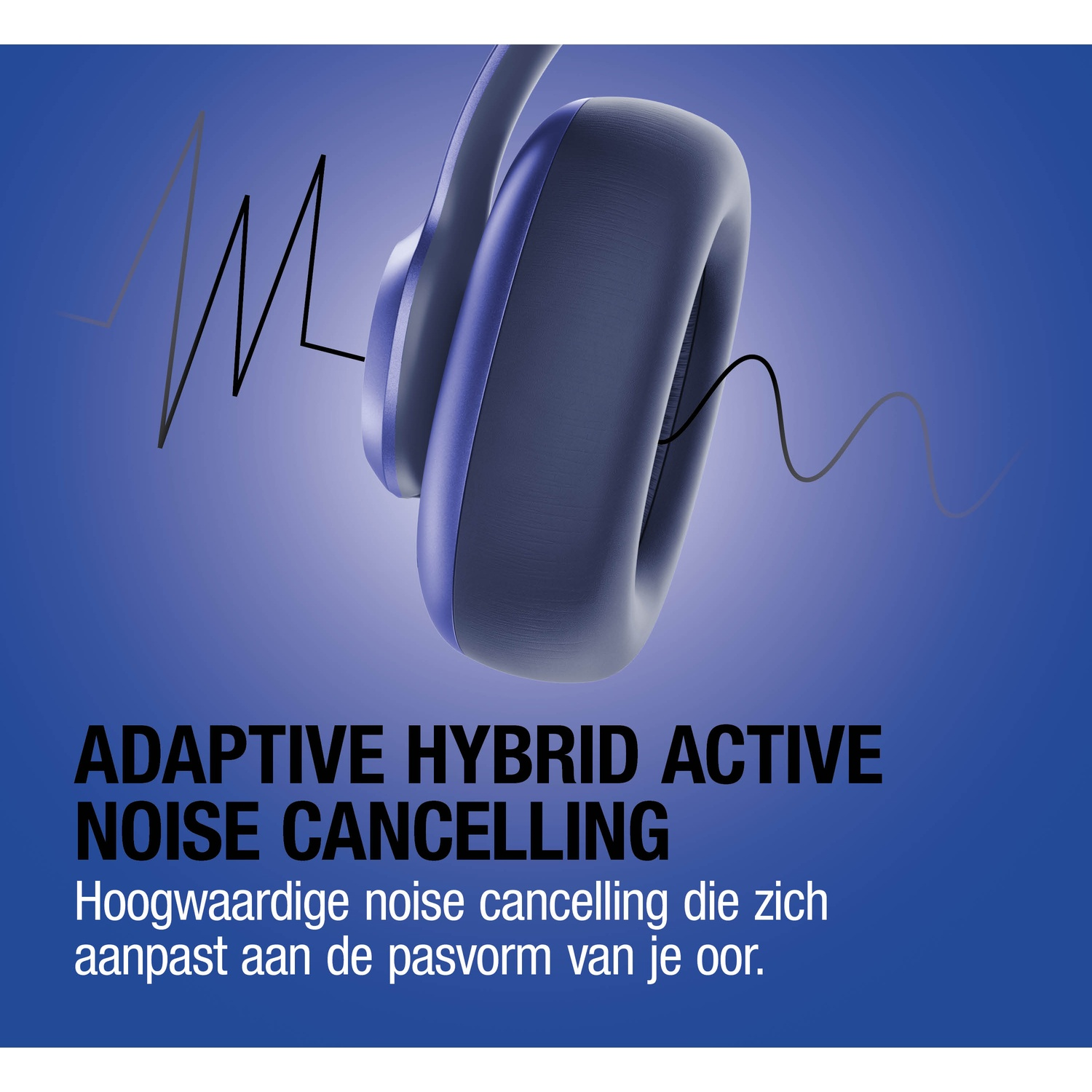 Casque bleu avec des formes d'onde indiquant la réduction active du bruit hybride adaptative.